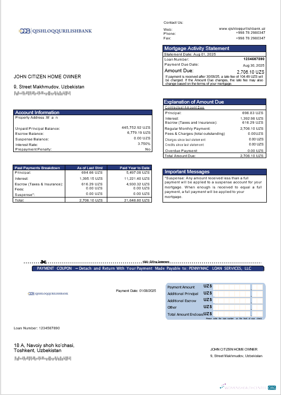 Download Uzbekistani Qishloq Qurilish Bank mortgage statement in Word and PDF formats Photoshop template